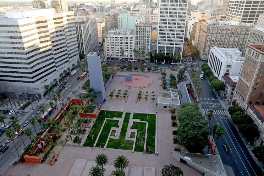 A view of Pershing Square from the rooftop deck at Park Fifth Tower in downtown L.A. (Gary Coronado / Los Angeles Times)